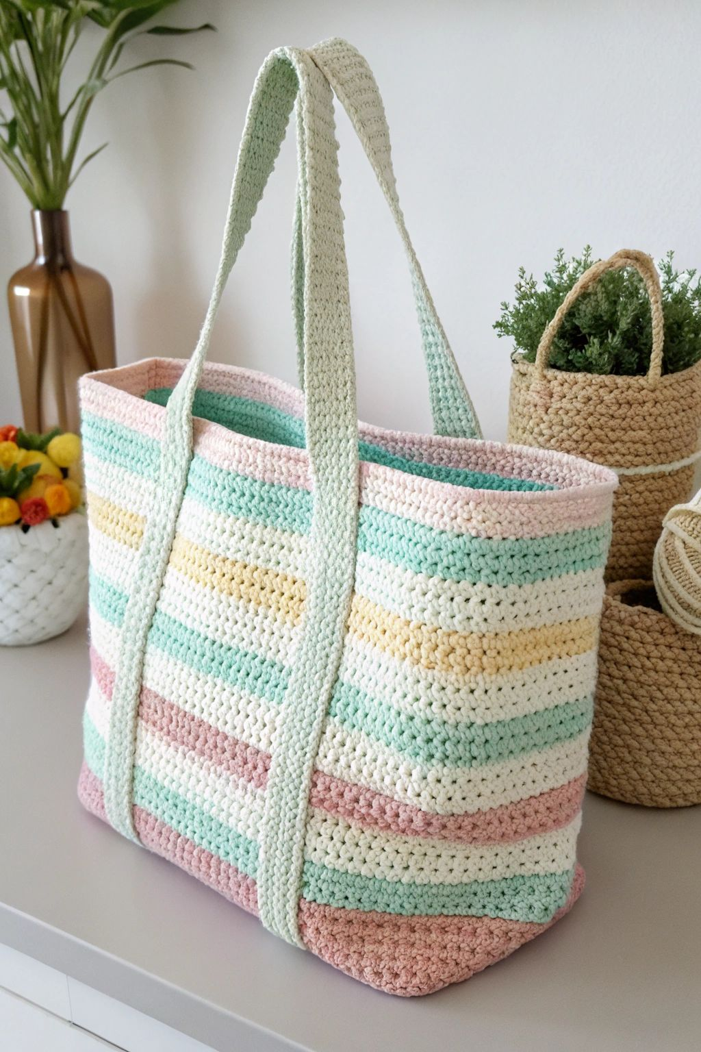 Handmade Crochet Pastel Stripe Ladies Tote Bag – Soft, Spacious & Stylish