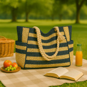 Stylish Navy & Natural Striped Jute Tote Bag – Eco Friendly Everyday Carry