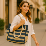 Stylish Navy & Natural Striped Jute Tote Bag – Eco Friendly Everyday Carry